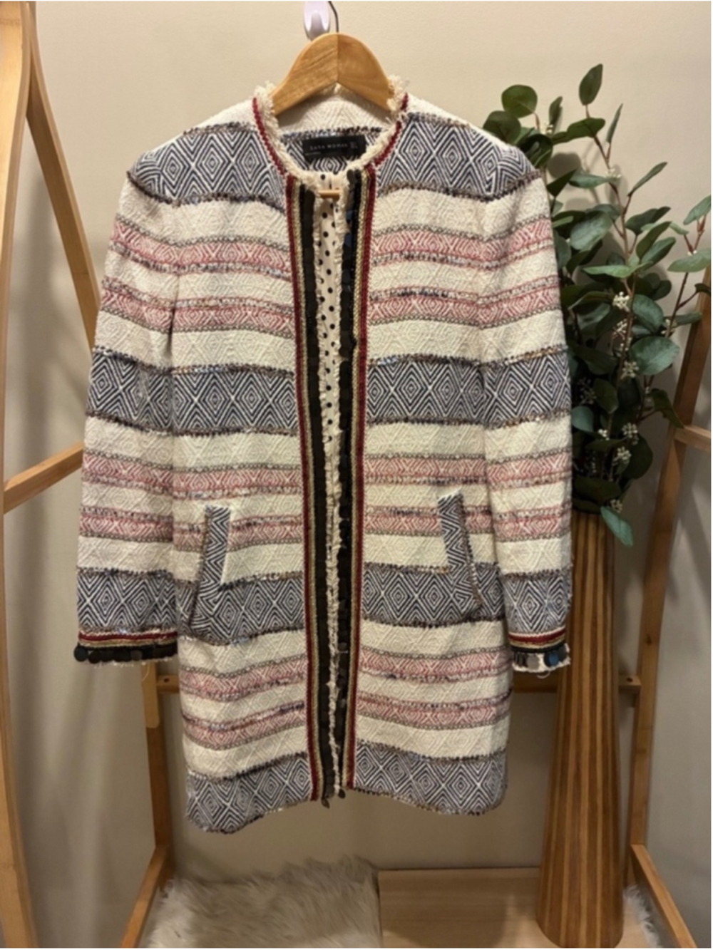 Zara Striped Ivory Textured Coat